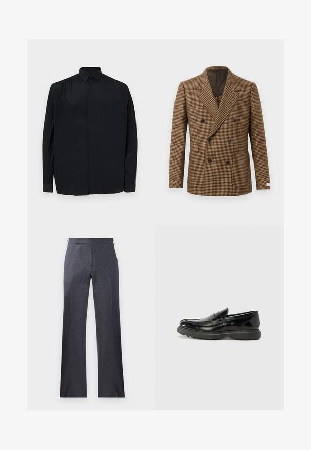 Kahekordse nööpidega bleiser, millel on pruun ja must houndstooth muster, valmistatud tekstuuritud kangast, mustade nuppudega ja kahe esipocketiga.; Must have pikaelise pikkade varrukatega must särk, mis on valmistatud siledast kangast, klassikalise krae, nööbistumise ja mugava istuvusega mansettidega varrukate külge.; Hallitatud hallid püksid, mis on valmistatud tekstuurist kangast, sirge lõikega, nüansirohke voldiga ning külgmiste vööklambritega vöö kinnitamiseks.; Must musta nahk loafer läikiva viimistlusega, ümar varvas, delikaatsed õmblusdetailid ja paks kummist tallad vastupidavuse tagamiseks.