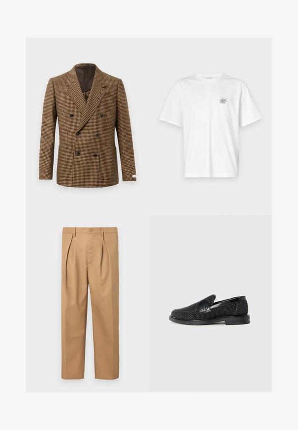 Doppelreihiger Blazer mit einem braun-schwarzen Hahnentritt-Muster, aus strukturiertem Stoff gefertigt, mit schwarzen Knöpfen und zwei Vorderaschen.; Weißes T-Shirt aus Baumwolle mit kurzen Ärmeln, Rundhalsausschnitt und kleinem grauen Logo auf der linken Brustseite. Glatte Textur.; Beige Baumwollhose mit lässigem Schnitt, gefälteter Gestaltung, Taillengummi mit Knopfverschluss und geradem Bein. Glatte Textur ohne Muster.; Schwarzer geflochtener Slipper mit einem glatten Lederakzent im Obermaterial, einem runden Zehendesign und einer flachen Gummisohle.