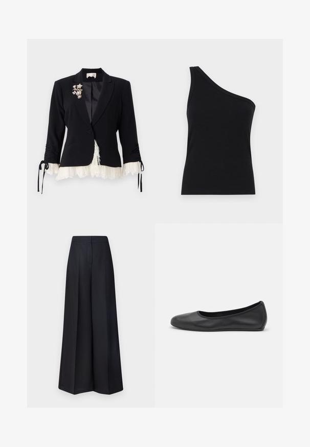 Cinq à Sept LE PETIT ROXIE - Blazer - black/ivory; One-shoulder black ribbed tank top with a fitted design and soft texture. Features a clean, minimal cut and smooth neckline.; MAX&Co. IPPICA - Trousers - black; Black leather ballet flat with a rounded toe, smooth texture, minimal stitching detail, and a flexible sole design.