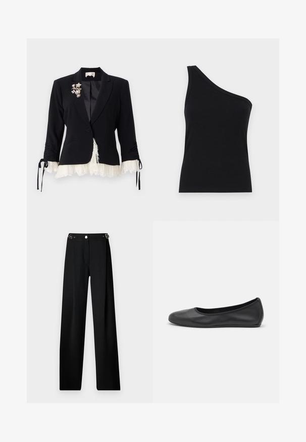 Cinq à Sept LE PETIT ROXIE - Bleiser - black/ivory; Ühe õla must ribakanga tank top, millel on vormikujundus ja pehme tekstuur. Omab puhtat, minimalistlikku lõiget ja sujuvat kaelust.; Laiad mustad püksid tekstureeritud kangast, millel on hõbedased aksessuaarid ja nupuga sulgemine.; Musthave mustika tantsutossud mustast nahast, ümmarguse varbaga, siledast tekstuurist, minimaalse õmblusdetailiga ja paindliku tallakujundusega.