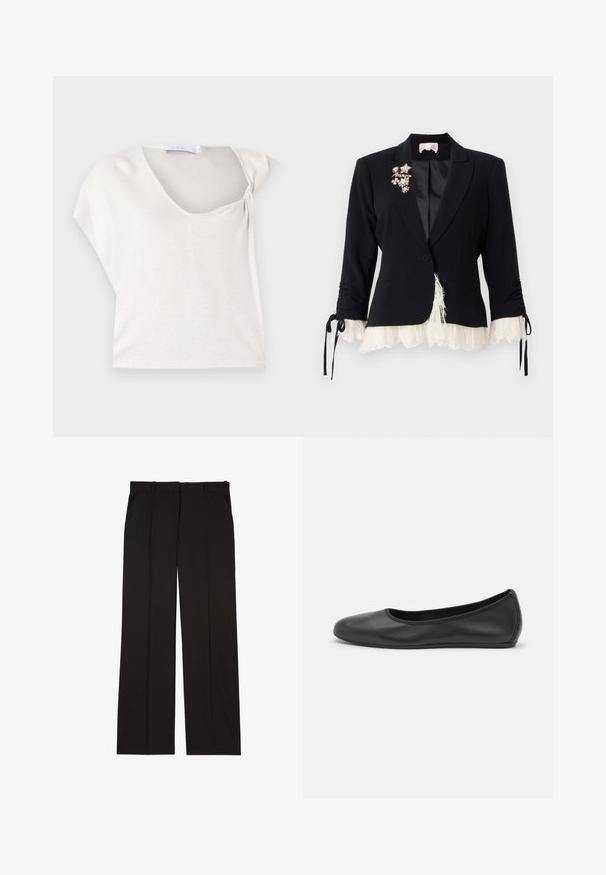 Cinq à Sept LE PETIT ROXIE - Bleiser - black/ivory; Heledhalli lühikeste varrukatega topp, millel on pehme langev disain ja ümmargune kaelus, rohkete tekstuuride ja kootud kangaga, et lisada mõõtmeid.; Mustad kohandatud püksid sujuvast kangast, sirge jala disainiga ja kahe küljetaskuga. Elegantne ja minimalistik ehitus.; Musthave mustika tantsutossud mustast nahast, ümmarguse varbaga, siledast tekstuurist, minimaalse õmblusdetailiga ja paindliku tallakujundusega.
