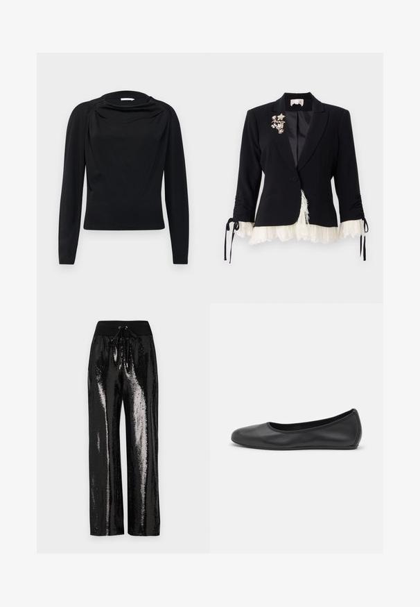 Cinq à Sept LE PETIT ROXIE - Blejzer - black/ivory; Čierny dlhý rukáv top s prekladaným výstrihom a priliehavým strihom, vyrobený z mäkkej elastickej látky. Hladký povrch a minimalistický dizajn.; Čierne trblietavé nohavice s širokým strihom a elastickým pásom s šnúrkou. Materiál má reflexnú, lesklú textúru.; Čierne kožené baleríny s okrúhlou špičkou, hladkým povrchom, minimálnym prešívaním a flexibilným dizajnom podrážky.