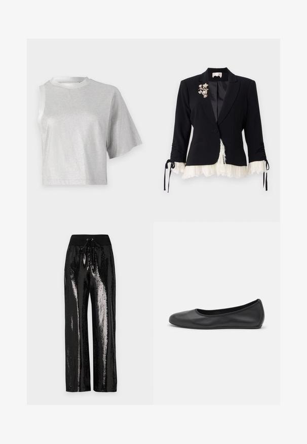 Cinq à Sept ROXIE czarny; Srebrny, krótkoserekawowy t-shirt, charakteryzujący się błyszczącą, gładką teksturą oraz okrągłym dekoltem. Jeden rękaw ma asymetryczny kształt.; Czarne spodnie z cekinami, o szerokim kroju nogawek i elastycznym pasku w talii z sznurkiem do regulacji. Materiał ma odblaskową, błyszczącą teksturę.; Czarne skórzane baletki z zaokrąglonym noskiem, gładką fakturą, minimalnymi przeszyciami i elastycznym designem podeszwy.