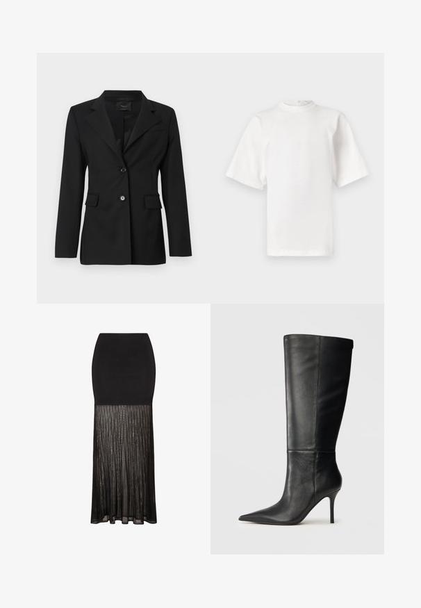 Juoda pritaikyta švarkas su iškirtimu, dviem priekinėmis kišenėmis ir vienu mygtuku. Pagamintas iš lygaus audinio su struktūrizuotu siluetu.; Balta trumpomis rankovėmis medvilninė marškinėliai su aukštu iškirpimu ir tiesiu siluetu. Nėra matomų raštų ar akcentų. Siuvimo detalės pečiuose.; Juoda sijonas su siauru viršumi ir plisuota, permatoma apatine dalimi. Lygi tekstūra viršuje pereina į laisvą, tekstūruotą išvaizdą apačioje.; Juodos odinės iki kelių botai su smailiu nosiu ir siauru stiletto kulnu, lygi tekstūra, šoninis profilis neutralioje fone.