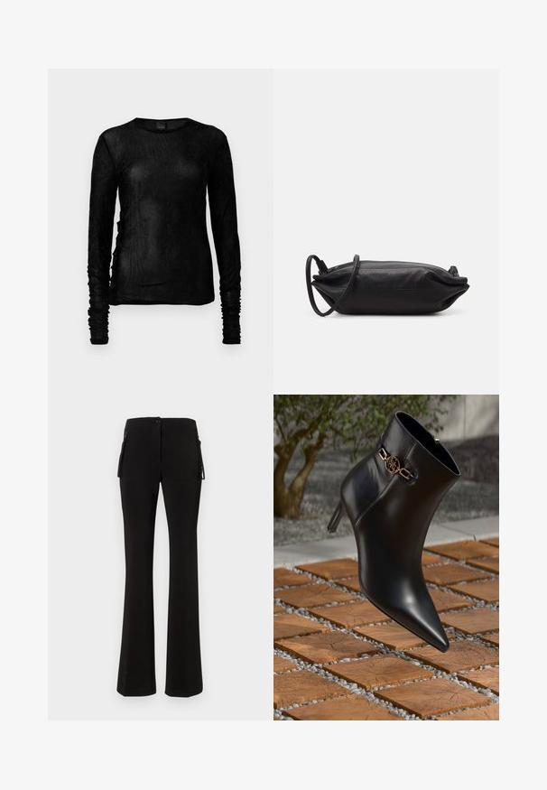 Svart skräddarsydd kavaj med skjortkrage, två framfickor och enkel knappstängning. Tillverkad av ett slätt tyg med en strukturerad passform.; Svart långärmad topp i ett lätt, texturerat material med rynkade detaljer längs ärmarna och sidsömmarna. Rundad halsringning.; Svarta utsvängda byxor i ett mjukt, elastiskt material. Har en knäppning fram och sidofickor med dragkedja för ökad funktionalitet.; Svart läderankelstövel med spetsig tå och liten klack. Har en guldkedjeaccent vid ankeln. Omgiven av en texturerad stenytan.; Svart läderkuvertväska med rektangulär form, slät yta, tunn axelrem och minimalistisk design.