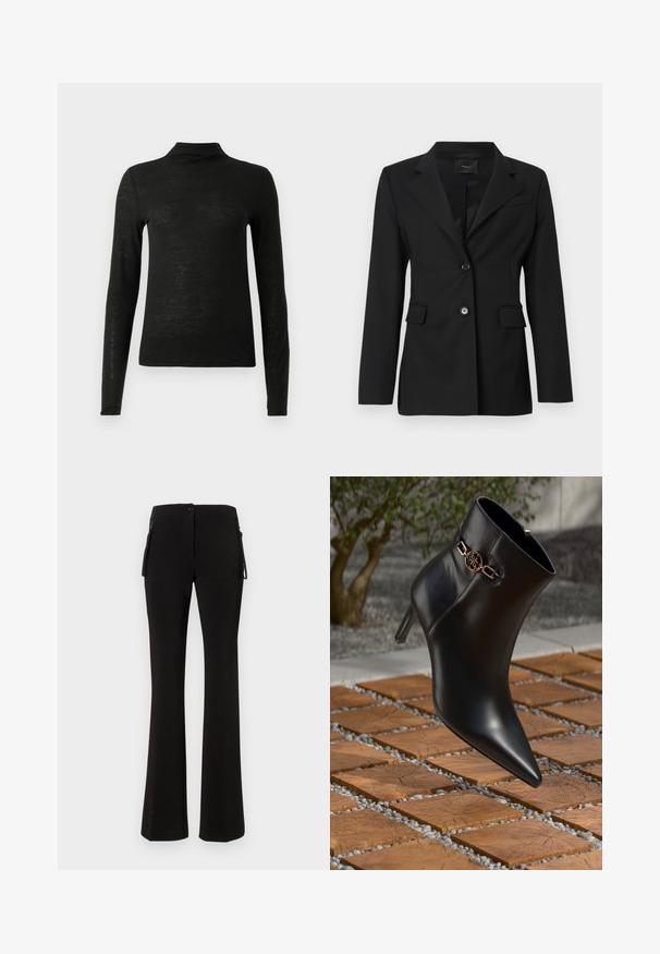 Zwarte op maat gemaakte blazer met een geknipte revers, twee voorzakken en een enkele knoopsluiting. Gemaakt van een gladde stof met een gestructureerde pasvorm.; Zwart langemouwen coltrui gemaakt van een lichtgewicht, iets gestructureerde stof; heeft een hoge halslijn en een fitted silhouet.; Zwarte flared pants van een gladde, rekbare stof. Voorzien van een knoopsluiting aan de voorkant en zijzakken met rits voor extra functionaliteit.; Zwarte leren enkellaars met spitse neus en een kleine hak. Bevat een gouden kettingaccent bij de enkel. Omringd door een gestructureerd stenen oppervlak.