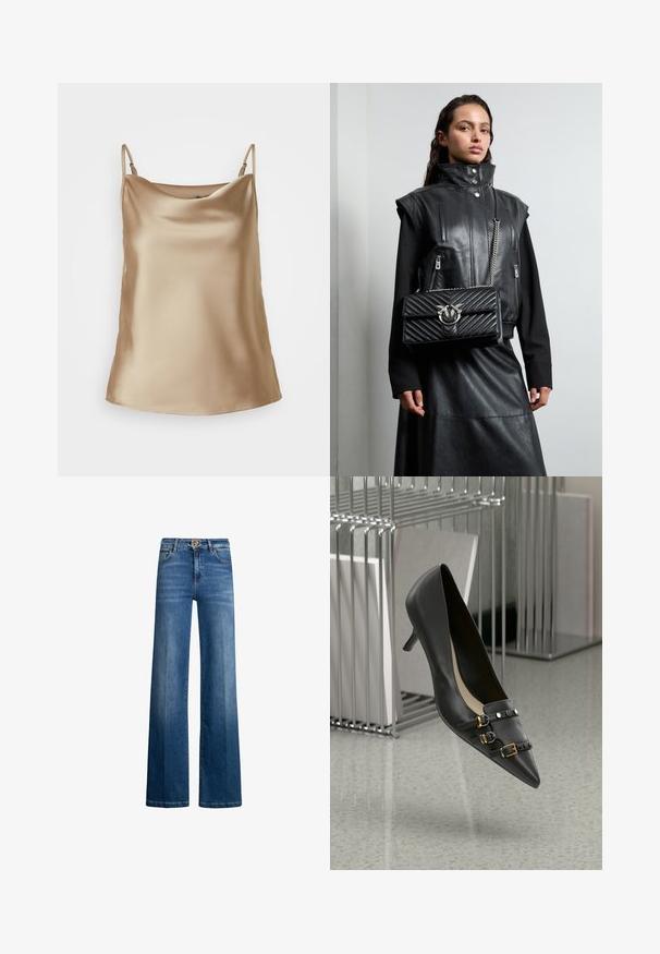 Juoda pritaikyta švarkas su iškirtimu, dviem priekinėmis kišenėmis ir vienu mygtuku. Pagamintas iš lygaus audinio su struktūrizuotu siluetu.; Švelnaus smėlio spalvos satino kamizola su plonomis petnešėlėmis ir švelniai krintančiu iškirpimu, pasižyminti lygiu, blizgiu paviršiumi.; Plačios kojų džinsai tamsiai mėlynos džinsinio audinio, turintys aukštą liemenį, sidabro detales ir klasikinį penkių kišenių dizainą. Lygus paviršius su subtiliu nusidėvėjimu.; Juodas odinis aukšti kulniukai su smailiu nosiu, su dviem dirželiais ir auksiniais sagtelėmis bei juodomis blizgučiais. Lygaus paviršiaus ir elegantiško dizaino.; Juodas odinis liemenė su aukštu apykakle, užtrauktukais puošti kišenės ir juoda kvadratinė rankinė su sidabriniu aksesuaru, dėvima su ilgu juodu sijonu.