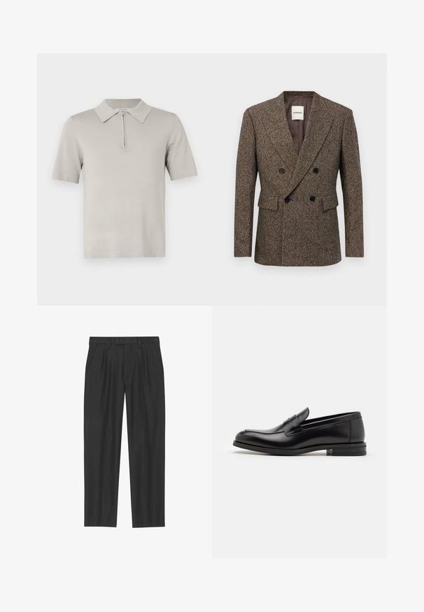 Brązowa dwurzędowa marynarka z tkaniny tweed, z czarnymi guzikami i kieszeniami z klapami, dopasowany krój i kołnierz z wycięciem.; Jasnoszara koszulka polo z kołnierzykiem i krótkimi rękawami. Wykonana z gładkiego, teksturowanego materiału. Posiada pół-zamek.; Czarne spodnie plisowane wykonane z gładkiego materiału; posiadają pas z pętlami na pasek oraz prostą nogawkę. Minimalistyczny design bez wzorów.; Czarne skórzane mokasyny o gładkiej fakturze, zaokrąglonym nosku i dekoracyjnym pasku na przodzie. Niski, warstwowy obcas, minimalistyczny design.