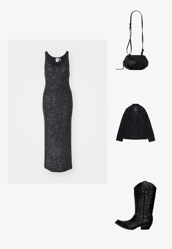Zwarte dubbel-breasted jas met grote revers, lange mouwen en twee voorzakken. Gemaakt van een gebreide wolmix.; Zwarte mouwloze maxi-jurk van textuurstof met een glanseffect, met een ronde halslijn en een aansluitende silhouet.; Zwarte cowboylaars van leer met een puntige neus en een gebogen schacht. Heeft decoratieve stiksel en een lage blokhak.; Zwart leren crossbody tas met een zachte, ronde vorm, verstelbare schouderriem en een subtiele glans. Voorzien van een bovenste ritssluiting en een geknoopte accent.