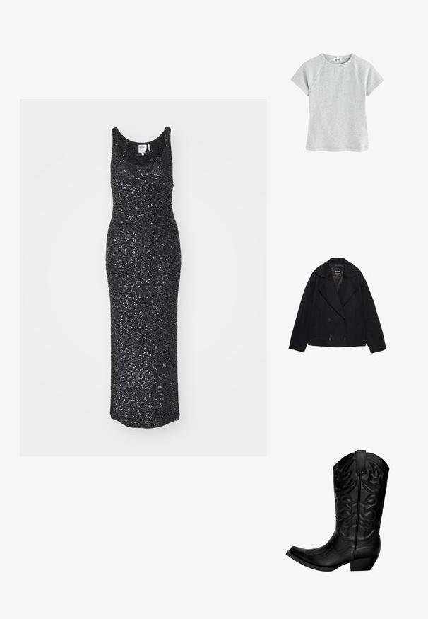 Zwarte dubbel-breasted jas met grote revers, lange mouwen en twee voorzakken. Gemaakt van een gebreide wolmix.; Zwarte mouwloze maxi-jurk van textuurstof met een glanseffect, met een ronde halslijn en een aansluitende silhouet.; Lichtgrijze t-shirt met korte mouwen en een ronde halslijn, gemaakt van een gestructureerde stof, voorzien van raglanmouwen en een rechte zoom.; Zwarte cowboylaars van leer met een puntige neus en een gebogen schacht. Heeft decoratieve stiksel en een lage blokhak.; Zwart leren crossbody tas met een zachte, ronde vorm, verstelbare schouderriem en een subtiele glans. Voorzien van een bovenste ritssluiting en een geknoopte accent.