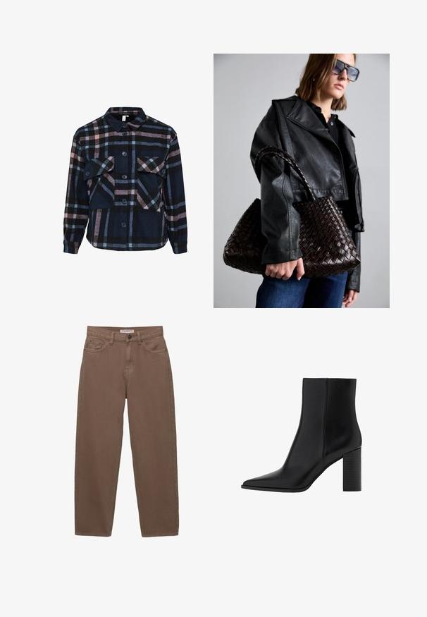 Zwarte dubbel-breasted jas met grote revers, lange mouwen en twee voorzakken. Gemaakt van een gebreide wolmix.; Gekleed flanellen overhemd in marineblauw, roze en zwart. Heeft een kraag, twee borstzakken en knoopsluitingen. Zachte textuur en lange mouwen.; Bruine katoenen denim broek met een losse pasvorm, vijf zakken en een ritssluiting. Heeft een subtiele textuur en klassieke stikseldetails.; Zwarte leren enkellaars met een spitse neus, vierkante hak, een gladde textuur en stikdetails langs de naden. De hakken zijn ongeveer 8,9 cm hoog.; DRAGON DIFFUSION SANTA CROCE BIG - Handtas - dark brown