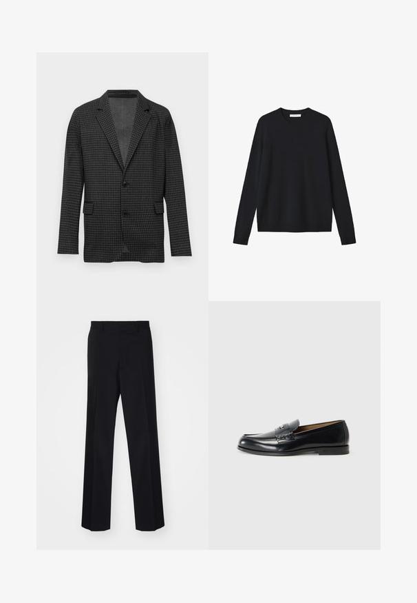 Sötét szürke houndstooth minta nélküli zakó, kivágott hajtókával, két fekete gombbal és elülső hajtókás zsebekkel, sima fehér háttér előtt bemutatva.; Fekete kötött pulóver hosszú ujjal, kerek nyakkivágással és bordás aljjal. Puha tapintású, nem látható mintákkal vagy további díszítésekkel.; Fekete, széles szárú, szabott nadrág sima textúrával és éles redőkkel, szőtt anyagból készült.; Fekete bőr loaferek sima felülettel, kerek orral, díszítő varrással és kis fém akcentussal az elején.