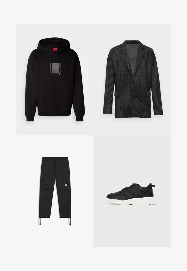 Tmavě šedý blazer s motivem houndstooth, s klopami, dvěma černými knoflíky a předními kapsami s klopami, vystavený na jednoduchém bílém pozadí.; Černá mikina s kapucí, šňůrkou, přední kapsou a logem v průhledném čtverci. Látka vypadá měkce s hladkým povrchem.; Černé cargo kalhoty s elastickým pasem na šňůrku, několika kapsami, elastickými manžetami a decentní nášivkou s logem. Vyrobeno z lehké tkaniny.; Černá sportovní bota s texturovaným svrškem, který má embosované vzory, bílou mezipodešví a černé tkaničky. Zadní poutko pro snadné obouvání.