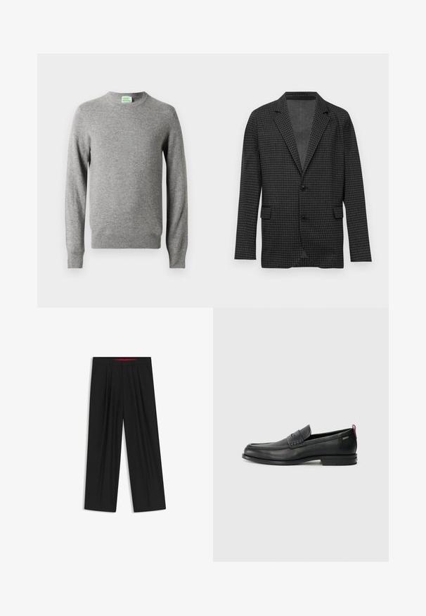 Donkergrijze houndstooth gepatteerde blazer met notch-lapels, twee zwarte knopen en voorste klepzakken, weergegeven op een effen witte achtergrond.; Lichtgrijze crewneck sweater met lange mouwen, ribgebreide boorden en zoom, met een klein 'From Future' label binnen de halslijn.; Zwarte wijde broek met een vlakke voorkant, twee zijzakken, geplooid ontwerp en een contrasterende rode binnenband.; Zwarte leren instappers met een textuur aan de voorkant en gladde zijden. Voorzien van een slanke hak en een lus aan de achterkant voor gemakkelijk aan- en uittrekken. Klassiek ontwerp.