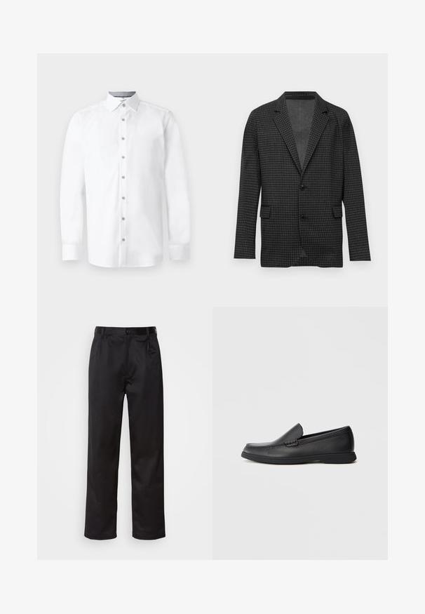 Blazer a motivo houndstooth grigio scuro con rever a punta, due bottoni neri e tasche anteriori a pattina, esposto su uno sfondo bianco puro.; Camicia bianca con maniche lunghe, chiusura frontale con bottoni, colletto a punta e texture liscia. Presenta sei bottoni e maniche a polsino.; Pantaloni neri realizzati in tessuto morbido, con chiusura frontale a bottone, pieghe e gambe dritte. Nessun motivo o accento visibile.; Mocassino slip-on in pelle nera con sopra testurizzato, punta arrotondata, tacco basso e suola in gomma, mostrato in profilo laterale su sfondo bianco.