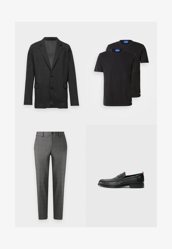 Tumši pelēks ķinķēžu raksta bleizeris ar izgriezumiem, divām melnām pogām un priekšējām kabatām, izstādīts uz vienkārša balta fona.; Divas melnas kokvilnas T-kreklus ar apaļiem kakla izgriezumiem, īsām piedurknēm un ziliem "HUGO" uzrakstiem uz apkaklēm un sānu malām.; Pelēki pielāgoti bikses ar teksturētu audumu, taisnu kāju griezumu, priekšējām kabatām un vienkāršu pogu aizdari jostasvietā.; Melni ādas loafers, ar teksturētu priekšējo paneli un gludām malām. Ar šauru papēdi un aizmugurējo cilpu vieglai uzlikšanai. Klasisks dizains.