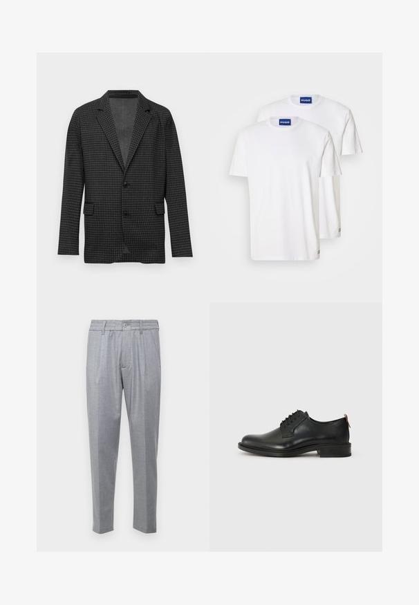 Blazer à motif pied-de-coq gris foncé avec revers crantés, deux boutons noirs et poches à rabat sur le devant, présenté sur un fond blanc uni.; T-shirts en coton blanc avec col rond et manches courtes, étiquetés avec des tags bleus "HUGO" au niveau du col et de petits accents à l'ourlet.; Pantalons gris clair en tissu texturé, avec des plis, une taille classique et des jambes fuselées. Fermeture à bouton sur le devant.; Chaussure Oxford en cuir noir avec une finition lisse, un design à lacets, un bout rond et un petit talon empilé. Comprend une languette contrastante rouge.