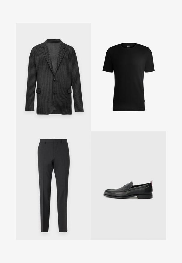Dark gray houndstooth patterned blazer with notch lapels, two black buttons, and front flap pockets, displayed on a plain white background.; Black short-sleeve t-shirt made of textured fabric with a round neckline. Features a logo tag on the lower side.; Dark gray tailored trousers with a smooth texture, slim fit, flat front, and belt loops, designed for formal or business attire.; Black leather loafers with a textured front panel and smooth sides. Features a slim heel and rear loop for easy wear. Classic design.