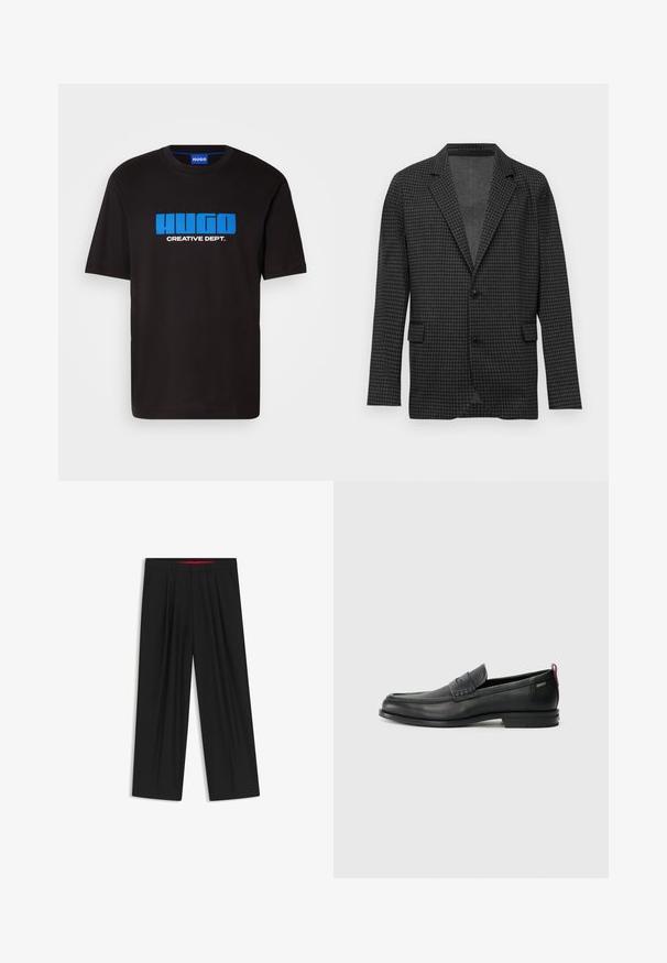 Tummanharmaa hounds-tooth-kuvioinen bleiseri, jossa on sakarat, kaksi mustaa nappia ja etupussit, esiteltynä yksinkertaisella valkoisella taustalla.; Musta puuvillapaita, jossa on sininen "HUGO" logo ja "CREATIVE DEPT." teksti edessä. Lyhyet hihat, pyöreä kaula-aukko.; Musta leveälahkeinen housu, jossa on litteä etuosa, kaksi sivupistettä, laskostettu muotoilu ja kontrastivärinen punainen vyötärön sisäosa.; Musta nahkakengät, joissa on teksturoitu etupaneeli ja sileät sivut. Varustettu kapealla kantapäillä ja takasilmukalla helppoa pukemista varten. Klassinen muotoilu.