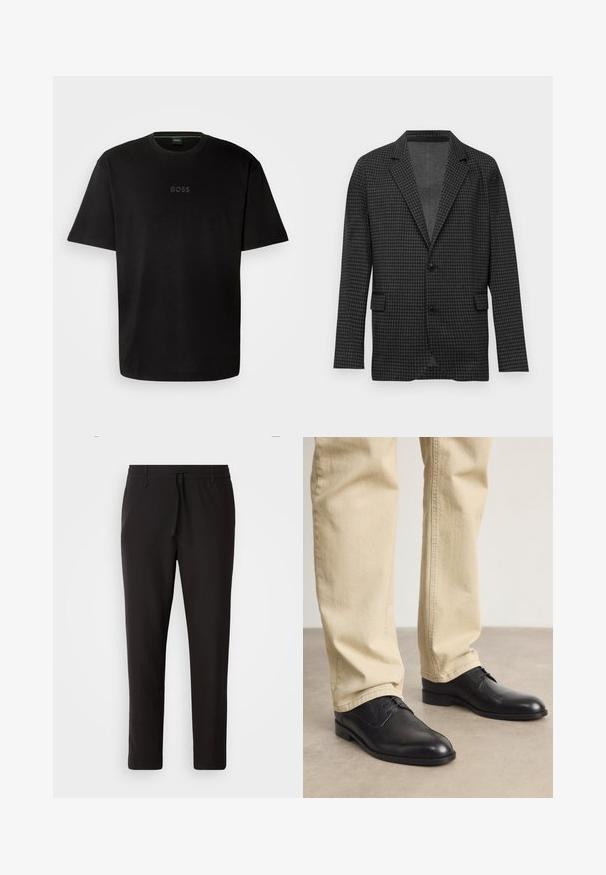 Tamsiai pilkas šunų ėduonų rašto švarkas su įpjovimais, dviem juodais mygtukais ir priekinėmis kišenėmis, rodomas ant vientiso balto fono.; Juodas medvilnės marškinėliai su apykakle, trumpomis rankovėmis ir subtiliu „BOSS“ logotipu įspaustu centre. Paprastas, minimalistiškas dizainas.; Juodi džinsai, pagaminti iš lygaus audinio. Yra elastinė juosmens juosta su raišteliu, siaurėjantys džinsai, be matomų kišenių. Paprastas dizainas.; Juodos odinės bateliai su raišteliais, su apvaliu pirštu, lygia danga ir subtiliomis siuvimo detalėmis, dėvimi su šviesiai smėliniais kelnėmis.