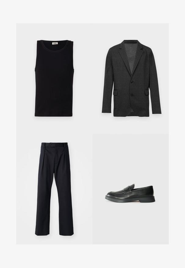 Sacou din fibră de lână cu model negru pe gri în carouri, cu rever în formă de nasture, două butoane negre și buzunare frontale cu clapetă, expus pe un fundal alb simplu.; Top negru fără mâneci, fabricat din bumbac moale. Prezintă un decolteu rotund și un croi drept, cu detalii de cusut minime.; Pantaloni negri dintr-un material neted, cu un design drept, pliuri frontale și închidere cu un singur nasture la talie.; Loafer negru din piele cu un aspect texturat, talpă plată și accente gofrate. Prezentând un design simplu și vârf rotunjit.