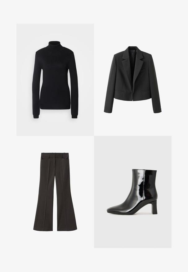 Czarna krótka marynarka o wyciętym kołnierzu, z pojedynczym zapięciem na guzik, dwoma przednimi kieszeniami i gładką teksturą materiału.; Czarny sweter typu golf wyk wykonany z miękkiego dzianinowego materiału, z długimi rękawami i dopasowanym krojem, z prążkowanym kołnierzem i dołem.; Czarne spodnie z szerokimi nogawkami i wysokim stanem; posiadają dwie przednie kieszenie oraz gładką teksturę materiału. Idealne na różne okazje.; Czarne lakierowane botki za kostkę z wysmukłym noskiem i średniej wysokości obcasem w kształcie słupka. Gładka tekstura i minimalistyczny design.