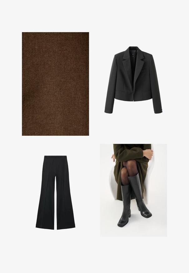 Sacou scurt negru cu guler cu șanț, închidere cu un singur buton, două buzunare frontale și textură de țesătură netedă.; Țesătură din in de culoare maro, cu o finisare moale și texturată, având un model uniform și o nuanță atenuată, potrivită pentru diverse aplicații textile.; Pantaloni negri cu croială largă, având o textură netedă, cu pliseuri frontale și un design croit. Materialul este ușor și fluid.; Cizme din piele neagră, până la genunchi, cu vârf pătrat și toc bloc, prezentate pe un model așezat într-o haină verde măsline. Textură netedă, detalii minime.