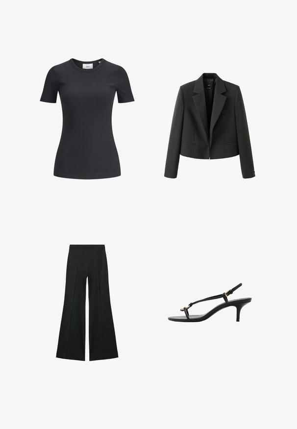 Sort cropped blazer med knapkrave, enkelt knaplukning, to frontlommer og glat stoftekstur.; Sort ribbet kortærmet t-shirt med rund halsudskæring. Lavet af et blødt, strækbart stof med en subtil tekstur og en tætsiddende silhuet.; Sorte brede bukser med en glat tekstur, der har fremadrettede folder og en skræddersyet design. Stofferne er lette og flerdimensionelle.; Sort læder kitten hæl sandal med tynde stropper, guldspænde og minimalistisk tå løkke på en hvid baggrund.