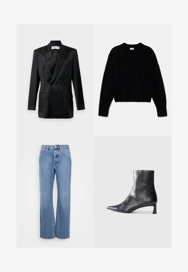 Black satin double-breasted blazer with peaked lapels, four buttons, two flap pockets, and a chest welt pocket, labeled "Filippa K."; Black cropped sweater made of fluffy material. Features a round neckline and long sleeves with a soft texture. Minimal design, no patterns.; Light-wash high-waisted jeans with a straight, wide-leg cut. Feature classic denim stitching and five pockets. Smooth texture.; Black leather ankle boot with a pointed toe and a sleek design. Features a low heel and a zipper closure at the back. Smooth texture.