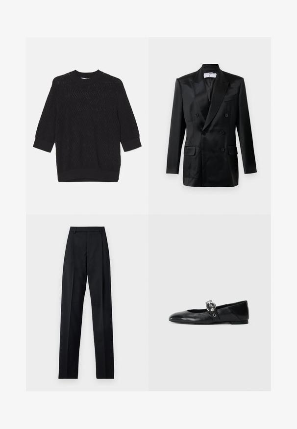 Musta satiininen kaksirivinen bleiseri, jossa on terävät kulmat, neljä nappia, kaksi läppätaskua ja rintatasku, merkitty "Filippa K."; Musta neulepusero, jossa on teksturoitu sahalaitamainen kuvio, pyöreä kaula-aukko ja 3/4-pituiset hihat ribbaustaskuilla.; Musta housut, jotka on valmistettu sileästä kankaasta ja joissa on korkea vyötärö, leveät lahkeet, etukaarteet ja klassiset vyölenkit. Ei näkyviä sivutaskuja.; Mustat nahka ballet-mokkasiinit, joissa on kärjellinen muoto, ympyrämäinen metallinen solki ja tasapohja.