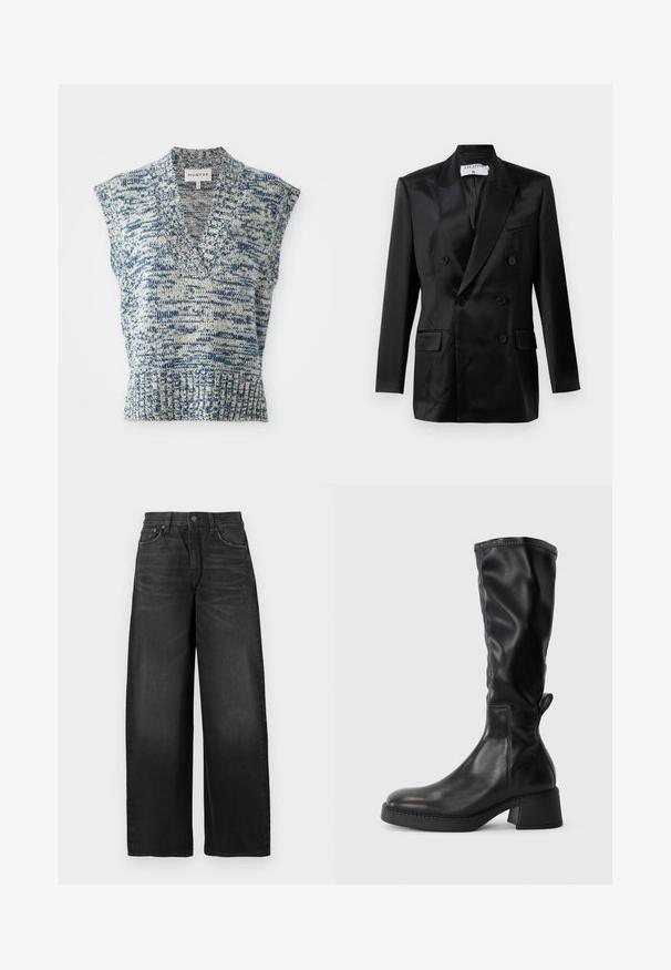 Juodas satino dvigubas švarkas su iškiliais atvartais, keturiais tlaikais, dviem kišenėmis su atvartais ir krūtine kišene, pažymėtas "Filippa K."; Mėlynos ir dramblio kaulo spalvos be rankovių megztinis su V formos iškirpte, tekstūruotu raštu, įribuotu low hem ir plačiomis peties angomis. Prekės ženklas: MUNTHE.; Juodos aukšto juosmens plačiašonės džinsai su nežymiu išblukimu ir mažais nusidėvėjimo ženklais viršutiniame dešiniajame šlaunyje.; Juodi iki kelių batai, pagaminti iš lygaus odos, su storu kulnu, apvaliu pirštu ir siuvinėjimu palei siūles.