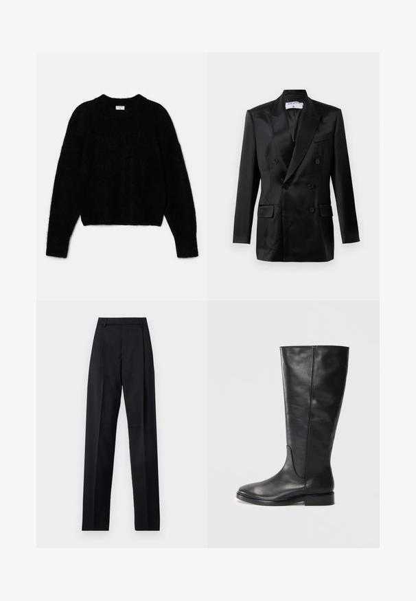 Zwarte satijnen dubbelbreasted blazer met puntsla lapels, vier knopen, twee klepzakken en een borstzak, gelabeld "Filippa K."; Zwarte cropped trui van pluizig materiaal. Heeft een ronde halslijn en lange mouwen met een zachte textuur. Minimalistisch ontwerp, zonder patronen.; Zwarte broek gemaakt van gladde stof met een hoge taille, wijde benen, voorplooien en klassieke ceintuurlussen. Geen zijzakken zichtbaar.; Zwarte leren kniehoogte laars met een lage hak en een ronde neus, met stikdetails langs de schacht en de bovenkant.