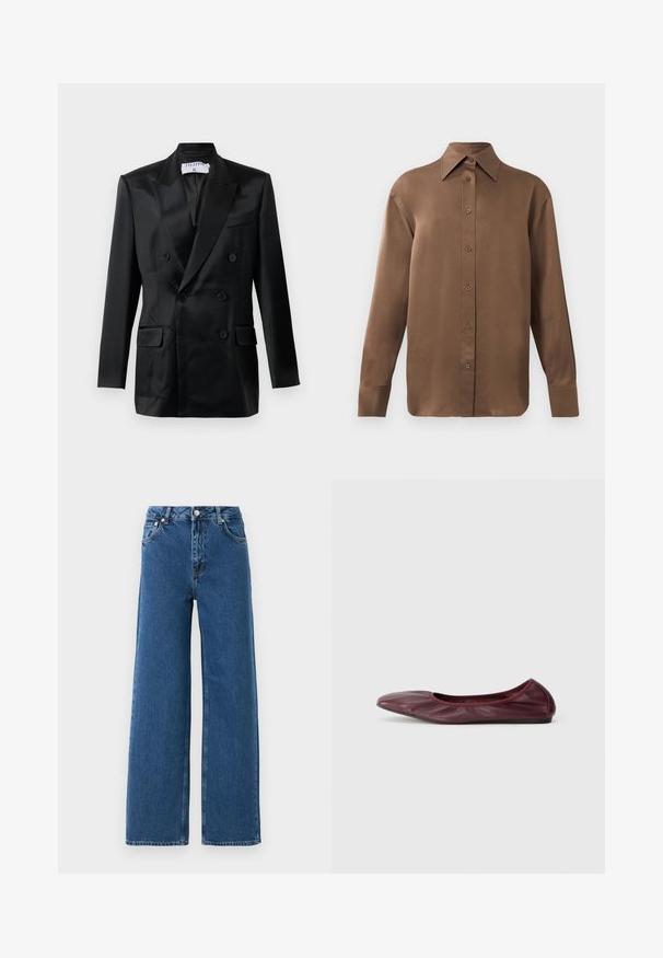 Czarna satynowa marynarka dwurzędowa z ząbkowanymi klapami, czterema guzikami, dwiema kieszeniami z klapką oraz kieszenią na piersi, oznaczona etykietą "Filippa K."; Brązowa, długosleeve koszula z guzikami, z ostrym kołnierzykiem i mankietami, prezentowana na jednolitym białym tle.; Niebieskie spodnie dżinsowe o wysokim stanie, szerokie nogawki, z przodu guzikiem i zapięciem na zamek, przednimi kieszeniami oraz paskiem na białym tle.; Baletki w głębokim burgundowym skórze, z okrągłym noskiem, elastycznym brzegiem oraz gładką fakturą z delikatnym marszczeniem.