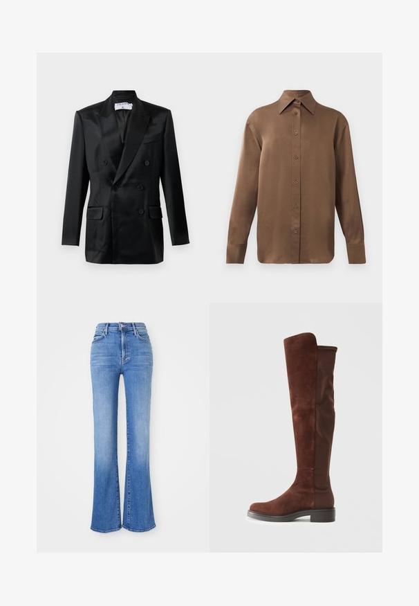 Blazer de satén negro de corte cruzado con solapas en pico, cuatro botones, dos bolsillos con solapa y un bolsillo en el pecho, etiquetado "Filippa K."; Camisa de botones de manga larga marrón con cuello y puños puntiagudos, exhibida sobre un fondo blanco liso.; Vaqueros de tiro alto y campana hechos de denim azul claro. Incluyen cinco bolsillos, cremallera en la bragueta y dobladillos deshilachados. Tejido texturizado con decoloración.; Bota alta de ante marrón y tela con tacón bajo negro y punta redondeada, mostrada en vista lateral sobre fondo blanco liso.