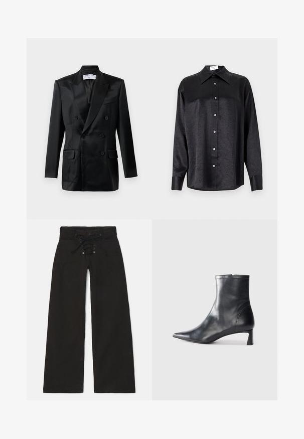 Black satin double-breasted blazer with peaked lapels, four buttons, two flap pockets, and a chest welt pocket, labeled "Filippa K."; Black long-sleeve shirt with a collared neckline, featuring a crinkled texture, full button front, and cuffs. Made from a smooth fabric.; Black wide-leg pants with a high waist, featuring a lace-up front closure and snap button. Made of denim with a smooth texture.; Black leather ankle boot with a pointed toe and a sleek design. Features a low heel and a zipper closure at the back. Smooth texture.