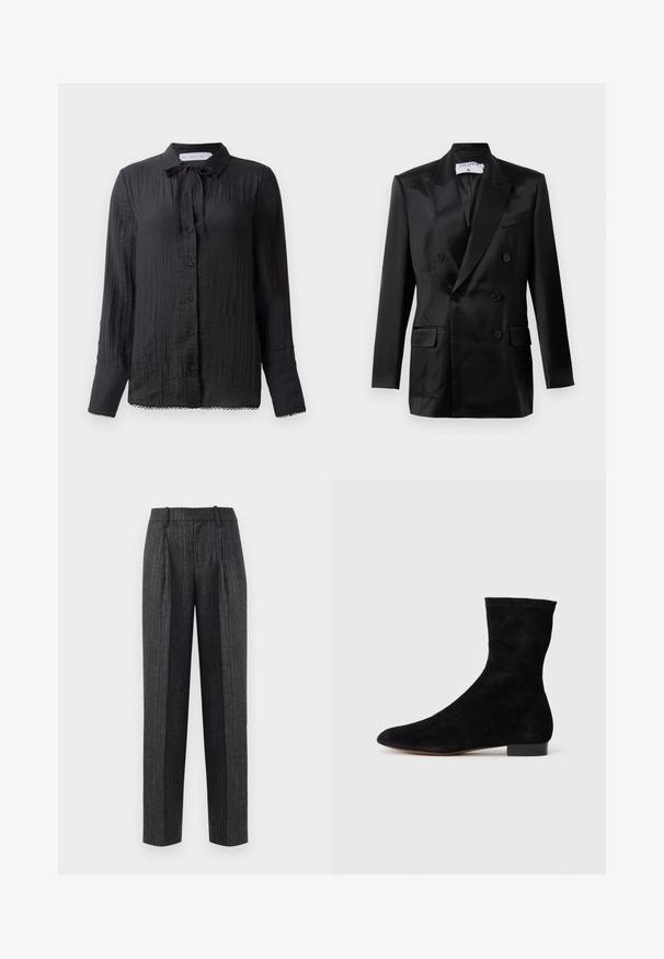Fekete selyemhatású, dupla soros blézer csúcsos hajtókákkal, négy gombbal, két fedeles zsebbel és egy mellkasi zsebbel, felirata: "Filippa K."; Fekete gombos blúz, nyakán kötőtárral, texturált anyagból, hosszú ujjal, csipke díszítéssel az alján. A gombok fekete és fényesek.; Sötét szürke anyagú, világos csíkos, testre szabott nadrág, egyenes szabással, elülső redőkkel és sima textúrával.; Fekete velúr bokacsizma, illeszkedő szárral, hegyes orral és alacsony blokk sarokkal. Simább felület és minimalista dizájn, amely sokoldalú stílushoz megfelelő.