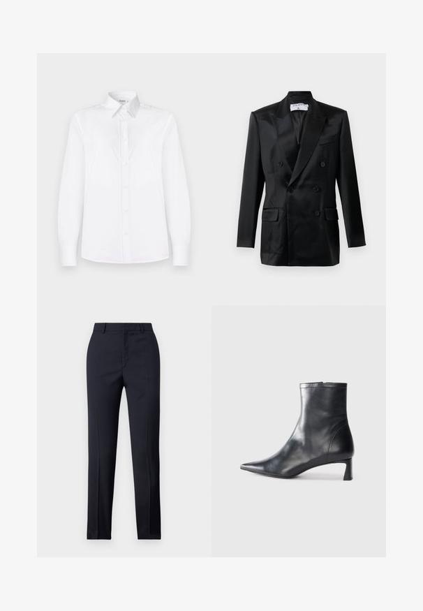 Mustmust mustrüüm topeltkõhuga bleiser, millel on teravad klapid, neli nuppu, kaks klapptaskut ja rinnatasku, tähistatud "Filippa K."; Valge pikakäigeline särk, mis on valmistatud siledast kangast, millel on krae ning ees on väikeste roosade nuppudega nööpidega kinnitamine.; Tumed kohandatud püksid sirge lõikega, millel on sile tekstuur, kaks esist taskut ja puhas vöökoht.; Mustad mustall nahkasaabas terava nina ja stiilse disainiga. Omab madalat konts ja luku sulgemist taga. Sile tekstuur.