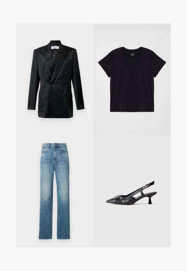 Blazer de satén negro de corte cruzado con solapas en pico, cuatro botones, dos bolsillos con solapa y un bolsillo en el pecho, etiquetado "Filippa K."; Camiseta de manga corta negra, hecha de algodón suave. Diseño clásico con cuello redondo y superficie simple y sin adornos, con un corte relajado.; Jeans de denim de pierna ancha color azul claro con un acabado desgastado, que cuentan con cinco bolsillos, un cierre de botón y detalles de costura en contraste.; Zapato de slingback negro de piel con punta afilada, correas decorativas con ojales de metal y un tacón bajo y ancho. Superficie texturizada.
