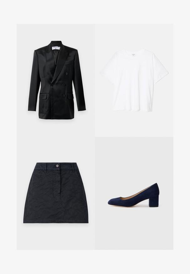 Schwarze Satin-Doppelreiher-Jacke mit Spitzlappen, vier Knöpfen, zwei aufgesetzten Taschen und einer Brusttasche, gekennzeichnet mit "Filippa K."; Weißes Baumwoll-T-Shirt mit kurzen Ärmeln, runder Halslinie, lockerer Passform und genähtem Saum. Etikett sichtbar am inneren Kragen.; Schwarzer Rock mit strukturiertem Muster, ausgestattet mit einer Knopfleiste vorne, zwei Taschen und einem taillierten Schnitt. Hergestellt aus strapazierfähigem Stoff.; Marineblaue Wildleder-Pumps mit spitzem Zehenbereich und einem mittelhohen Blockabsatz. Glatte Textur mit einem subtilen Glanz und einem kleinen Ausschnitt an der Vorderseite.