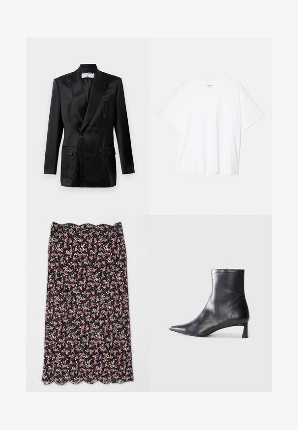 Juodas satino dvigubas švarkas su iškiliais atvartais, keturiais tlaikais, dviem kišenėmis su atvartais ir krūtine kišene, pažymėtas "Filippa K."; Balta medvilnės marškinėliai trumpomis rankovėmis, apvalia iškirpte, laisvo kirpimo ir su siūtu kraštu. Etiketė matoma vidinėje iškirptės pusėje.; Gėlėta sijonas su juodu fonu, kuriame yra raudonų ir baltų gėlių. Banguota apykaklė ir lengva medžiaga su tekstūruotu raštu.; Juodas odinis kulkšninis batas su smailiu pirštu ir elegantišku dizainu. Turi žemą kulną ir užtrauktuką gale. Lygi tekstūra.