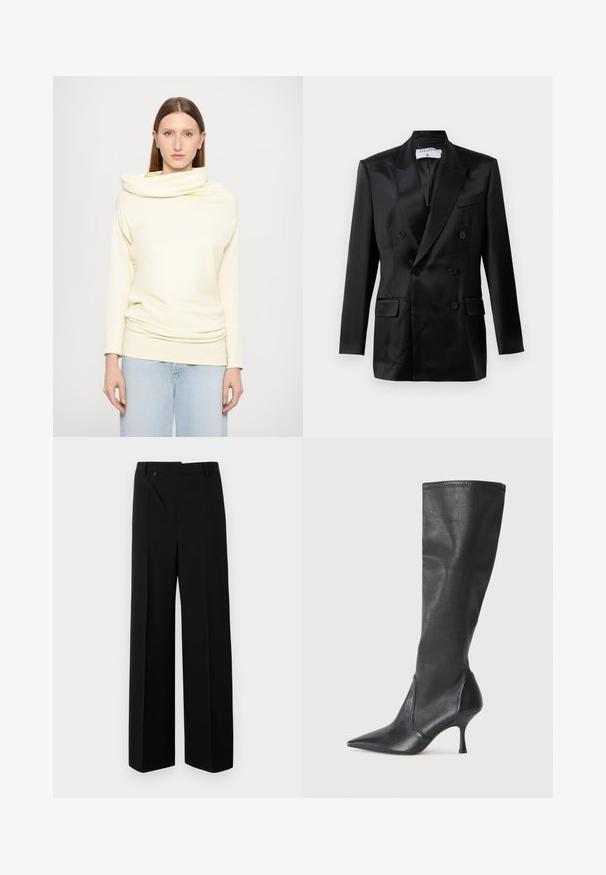 Black satin double-breasted blazer with peaked lapels, four buttons, two flap pockets, and a chest welt pocket, labeled "Filippa K."; Long-sleeve, cowl-neck top in soft light yellow fabric, featuring a relaxed fit and draped design, paired with light blue jeans.; Black wide-leg trousers with a flat front, button closure, and smooth fabric texture. Features a straight cut and crisp lines.; Knee-high black leather boots with a pointed toe and a slim stiletto heel. Smooth texture with a fitted design and stitching at the top edge.