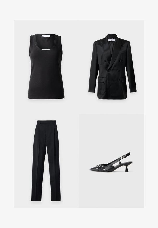 Čierny saténový dvojradový blejzer s vyvýšenými klopami, štyrmi gombíkmi, dvoma kapsami s klopou a jednou náprsníkovou kapsou, označený "Filippa K."; Čierny bezrukávový top vyrobený z rebrovanej látky, s okrúhlym výstrihom a malým výrezom vpredu pre zvýraznenie dizajnu.; Čierne nohavice vyrobené z hladkej látky s vysokým pásom, širokými nohavicami, prednými záhybmi a klasickými pútkami na opasok. Žiadne bočné vrecká nie sú viditeľné.; Čierne kožené slingback topánky s špicatou špičkou, ozdobnými popruhmi s kovovými očkami a nízkym blokovým podpätkom. Textúrovaný povrch.