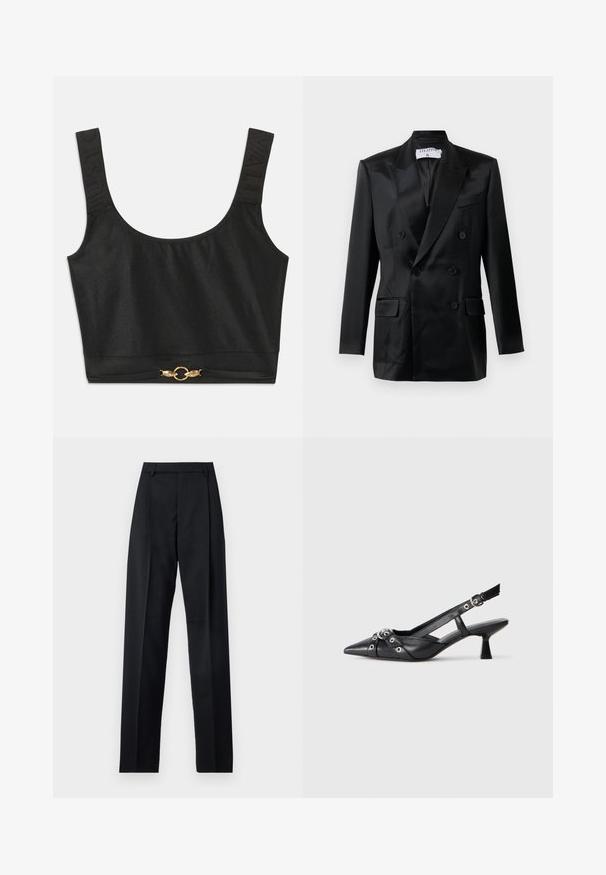 Juodas satino dvigubas švarkas su iškiliais atvartais, keturiais tlaikais, dviem kišenėmis su atvartais ir krūtine kišene, pažymėtas "Filippa K."; Juodas trumpas viršus su plačiomis petnešomis; tekstūruotos petnešos su iškilmingu užrašu "JUST"; papuoštas auksinės spalvos apvaliais aksesuarais prie apatinės krašto.; Juodos kelnės iš lygaus audinio, pasižyminčios aukštu liemeniu, plačiomis kojomis, priekinėmis klostėmis ir klasikiais diržo kilpomis. Šoninių kišenių nematyti.; Juodas odinis slingback tipo batai su smailiu priekiniu atvartu, dekoratyvinėmis sagtimis su metaliniais akyčiais ir žemu blokiniu kulnu. Saldus paviršius.