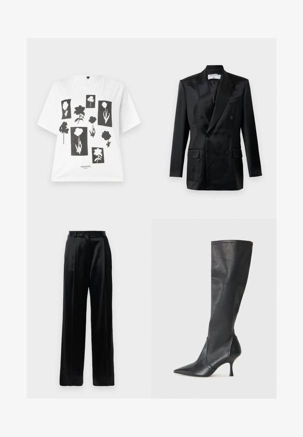 Schwarze Satin-Doppelreiher-Jacke mit Spitzlappen, vier Knöpfen, zwei aufgesetzten Taschen und einer Brusttasche, gekennzeichnet mit "Filippa K."; Weißes T-Shirt mit kurzen Ärmeln, das ein schwarzes florales Druckdesign mit verschiedenen Blumensilhouetten auf rechteckigen Hintergründen zeigt. Der Text am unteren Rand lautet "WOCHENENDE."; Schwarze, hochtaillierte Satinhosen mit geraden, weiten Beinen, Gürtelschlaufen und einem flachen Frontverschluss vor einem schlichten weißen Hintergrund.; Knöchelhoche schwarze Lederstiefel mit einer spitzen Zehe und einem schlanken Stiletto-Blockabsatz. Glatte Textur mit einer enganliegenden Passform und Nähten am oberen Rand.