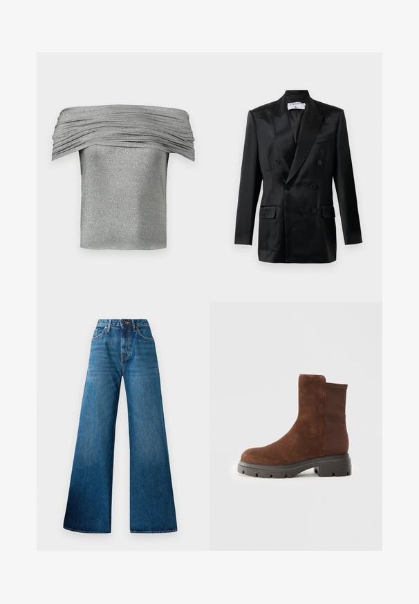 Schwarze Satin-Doppelreiher-Jacke mit Spitzlappen, vier Knöpfen, zwei aufgesetzten Taschen und einer Brusttasche, gekennzeichnet mit "Filippa K."; Silbernes, schulterfreies Oberteil mit geraffter Struktur, aus einem glitzernden Stoff gefertigt. Kurzes, tailliertes Design mit glatter Oberfläche.; Blaue weite Jeans aus Denim mit hoher Taille, leichter Ausbleichung, klassischem Fünf-Taschen-Design und Knopfverschluss vorne.; Braune Wildleder-Ankleboots mit elastischen Seitenpaneelen, runder Zehenform und einer dicken Gummisohle mit einem strukturierten Profil.