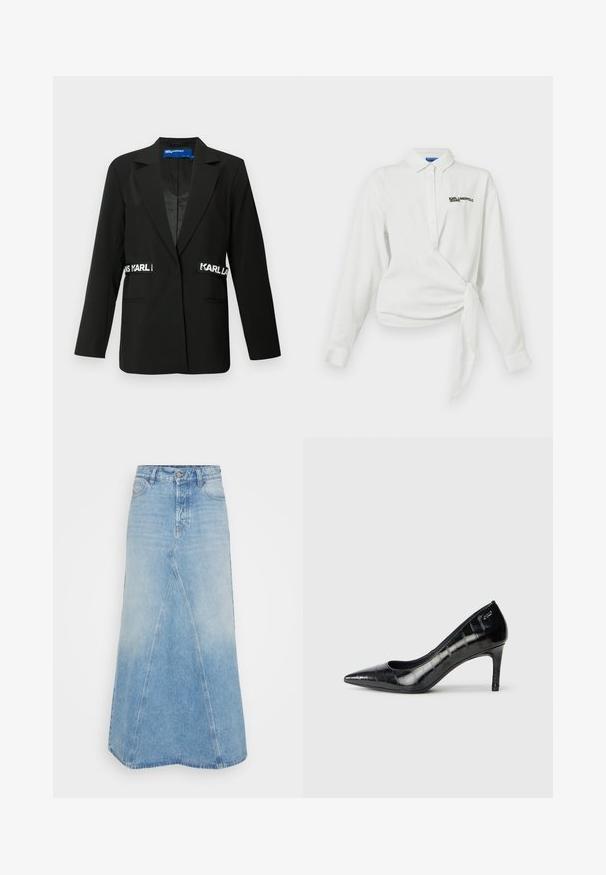 Sort blazer med skræddersyet pasform, enkelt knaplukning, to forlommer og "Karl" logo accenter på siden. Glat stofstruktur.; Hvid langærmet skjorte med indviklet design, knap-lukning, spidse krave og broderet sort logo på brystet. Glat bomuldsstruktur.; Lysblå denimnederdel med en lang, A-formet design, der har en front søm og en rå kant. Klassisk fem-lomme stil og bæltestropper medfølger.; Sorte spidse højhælede sko med en glansfuld overflade og en subtil tekstureret mønster. Har en moderat hæl og åben hals design.