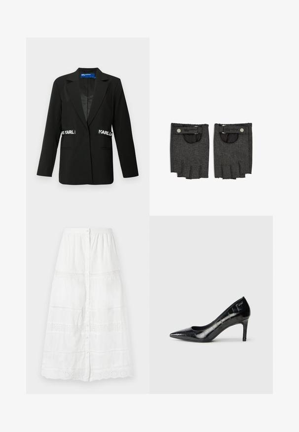 Blazer noir avec une coupe ajustée, fermeture à un bouton, deux poches avant et accents du logo "Karl" sur les côtés. Texture de tissu lisse.; Chemise blanche à manches longues avec un design croisé, patte de boutonnage, col pointu et logo noir brodé sur la poitrine. Texture en coton lisse.; Jupe blanche à boutons, fabriquée en tissu léger, dotée d'une bordure en dentelle et de motifs brodés aux ourlets et aux sections médiane.; Escarpins noirs à bout pointu avec une finition brillante et un motif texturé subtil. Présente un talon modéré et un design à décolleté ouvert.; Gants sans doigts en denim noir avec une finition texturée, dotés d'une fermeture à bouton-pression et d'une poche ouverte au niveau du poignet.