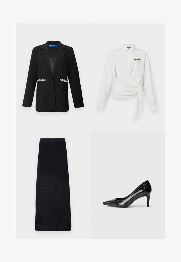 Blazer negro con un ajuste entallado, cierre de un solo botón, dos bolsillos frontales y acentos del logo "Karl" en los lados. Textura de tela suave.; Camisa blanca de manga larga con un diseño envolvente, tapeta de botones, cuello puntiagudo y logotipo negro bordado en el pecho. Textura de algodón suave.; Falda midi negra hecha de un material de malla texturizada con una cintura ajustada y corte recto, con un color sólido sin patrones.; Zapatos de tacón alto negros de punta afilada con un acabado brillante y un sutil patrón texturado. Cuentan con un tacón moderado y un diseño de escote abierto.