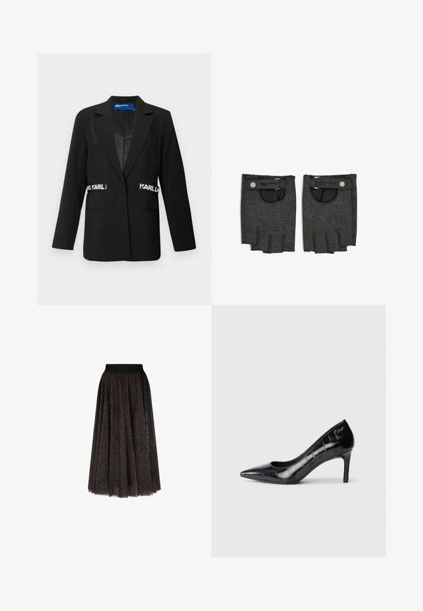 Sort blazer med skræddersyet pasform, enkelt knaplukning, to forlommer og "Karl" logo accenter på siden. Glat stofstruktur.; Hvid langærmet skjorte med indviklet design, knap-lukning, spidse krave og broderet sort logo på brystet. Glat bomuldsstruktur.; Brun og sort mønstret midi nederdel med en sort elastisk talje og vertikal sort stribe detalje på den ene side.; Sorte spidse højhælede sko med en glansfuld overflade og en subtil tekstureret mønster. Har en moderat hæl og åben hals design.; Sorte denim fingerless handsker med en struktureret overflade, der har en trykknaplukning og en åben lomme ved håndleddet.