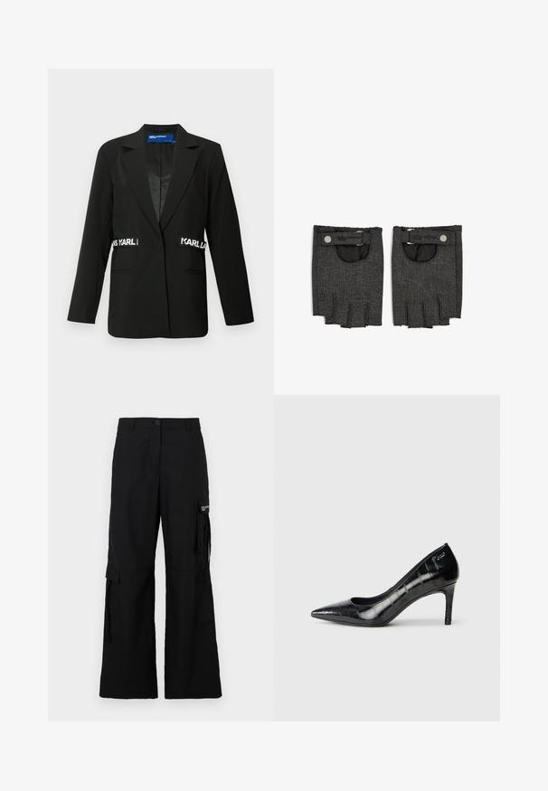 Czarna marynarka o dopasowanym kroju, z pojedynczym zapięciem na guzik, dwoma przednimi kieszeniami i akcentami logo "Karl" po bokach. Gładka faktura tkaniny.; Biała koszula z długim rękawem wiskozowa, z zapinanym projektem, listwą guzikową, spiczastym kołnierzykiem oraz wyhaftowanym czarnym logo na piersi. Gładka bawełniana tekstura.; Czarne spodnie cargo o szerokiej nogawce, wyposażone w boczne kieszenie, z zapięciem na guzik, wykonane z lekkiego materiału.; Czarne szpilki z ostrym noskiem, o błyszczącej powierzchni i subtelnym wzorze tekstury. Posiadają umiarkowaną wysokość obcasa oraz otwarty dekolt.; Czarne jeansowe rękawiczki bez palców o teksturowanym wykończeniu, z zapięciem na nap oraz otwartą kieszonką w okolicy nadgarstka.